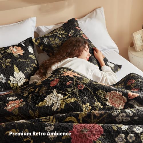 Litanika Floral Black Quilt Queen - 3Pcs Summer Boho Bedding Set