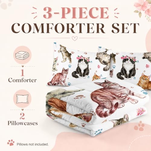 AILONEN Watercolor Cat Print Bedding Set Full Size with Cats and Footprints Comforter for Boys Girls,Group of Cute Cats Soft Breathable White Tint Duvet,2 Pillowcases