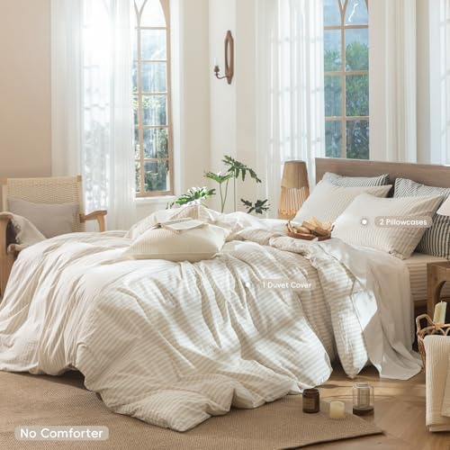 MooMee Striped Duvet Cover Set 100% Washed Cotton Linen Like Queen