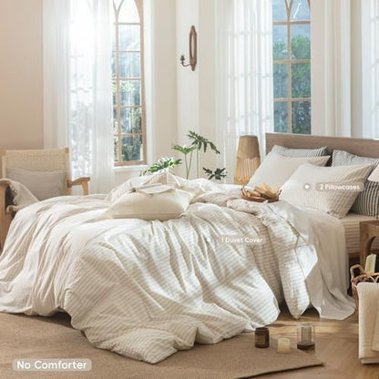 MooMee Striped Duvet Cover Set 100% Washed Cotton Linen Like Queen