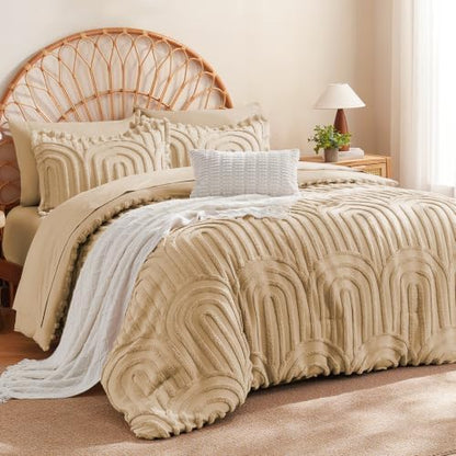 MR&HM Boho Comforter Set Full 7 Pcs, Khaki Western Arch Tufted Bedding Set