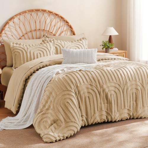 MR&HM Boho Comforter Set King 7pcs, Khaki Western Arch Tufted Bedding Set