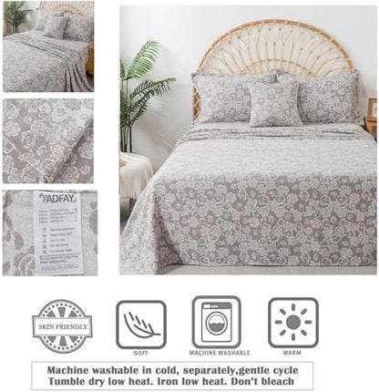FADFAY Rose Sheets Set King Vintage Curry Floral Bedding Shabby Farmhouse Bedding Super Soft Washed Double -Layer Muslin Sheets Luxury 100% Cotton Breathable Deep Pocket Fitted Sheet 4Pcs, King Size