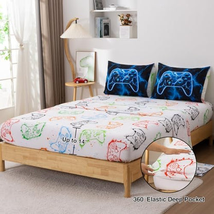 Meeting Story Gamer Comforter Set for Boys, 3D Game Controller Design Boys Twin Bedding Sets, 5 Pieces Gaming Bed Set for All Seasons, Lightweight Soft Twin Comforter Set(Blue)