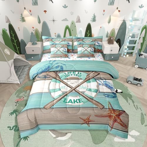 Erosebridal Boat Paddle Bedding Set for Kids Teens,Lake House Comforter Set Twin Size,Teal Wooden Plank (Comforter+Fitted+Flat Sheet+2 Pillowcases+2 Throw Pillow Covers) 7 Pieces Bed Set