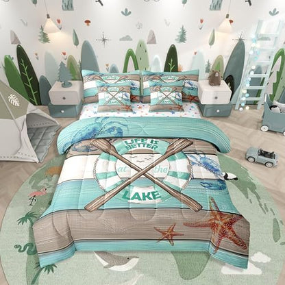 Erosebridal Boat Paddle Bedding Set for Kids Teens,Lake House Comforter Set Twin Size,Teal Wooden Plank (Comforter+Fitted+Flat Sheet+2 Pillowcases+2 Throw Pillow Covers) 7 Pieces Bed Set