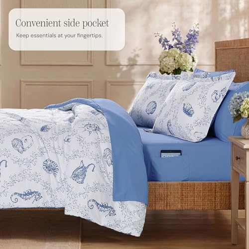 BLOOMHAVEN King Size Comforter Set-7 Pieces Coastal Blue Bed in a Bag King