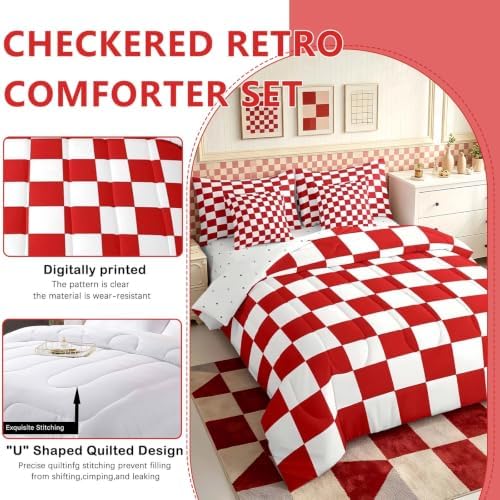 Feelyou Checkered Retro 7 Piece Bedding Set Teen Women Men Red White Plaid Comforter Set with Sheets Twin Size Kids Boys Girls Geometric Vintage Bed in a Bag Modern Simple Groovy Aesthetic Room Decor