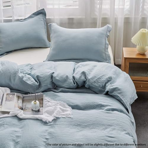 Simple&Opulence 100% Linen Duvet Cover Set with Embroidery Border Washed - 3 Pieces (1 Duvet Cover & 2 Pillow Shams) with Button Closure Soft Breathable Farmhouse - Dusty Blue, Queen Size
