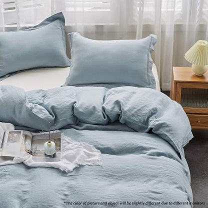 Simple&Opulence 100% Linen Duvet Cover Set with Embroidery Border Washed - 3 Pieces (1 Duvet Cover & 2 Pillow Shams) with Button Closure Soft Breathable Farmhouse - Dusty Blue, Queen Size