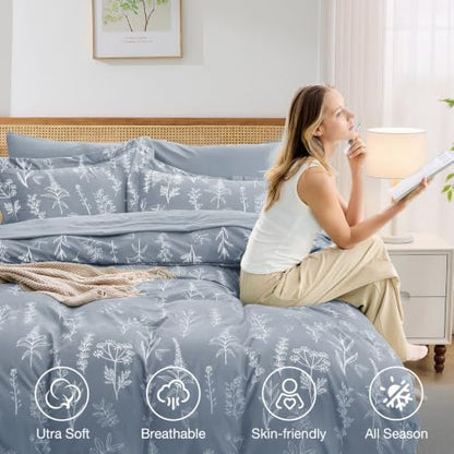 MUXHOMO Light Grey Bed in a Bag Queen 7 Pieces, Queen Comforter Set Reversible Botanical Flowers Design, Ultra Soft & Breathable Bedding Sets with Comforter, Sheets, Pillowcases & Shams