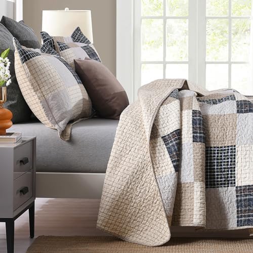 Y-PLWOMEN 100% Cotton Quilts Queen Size Farmhouse Plaid 3-Pieces Bedding