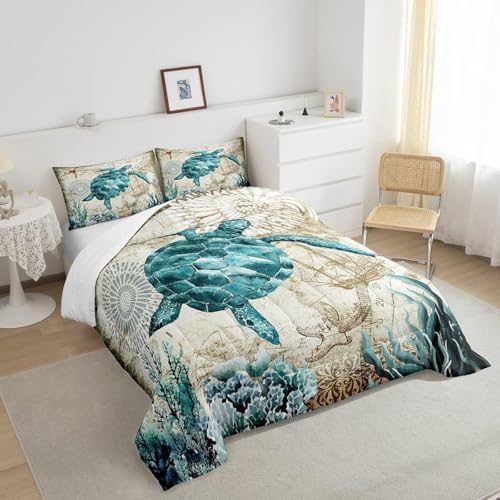 Turtle Bedding Teal Turtle Comforter Set Turquoise Ocean Themed Mediterranean Style Printed Design Ocean Turtle Down Comforter Quilted Duvet Set King Size 1 Comforter 2 Pillowcases (King, Turtle)
