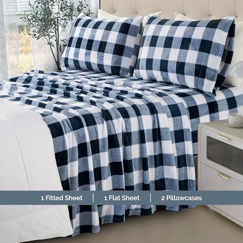 Elegant Comfort Luxuriously Soft 4-Piece Velvet Plush Flannel Sheet Set - Premium Quality -Cozy Warm, Anti-Static, Non Pilling Fuzzy Velvet Flannel Fleece Deep Pocket Sheet Set- Cal King, Buffalo Navy