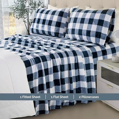 Elegant Comfort Luxuriously Soft 4-Piece Velvet Plush Flannel Sheet Set - Premium Quality -Cozy Warm, Anti-Static, Non Pilling Fuzzy Velvet Flannel Fleece Deep Pocket Sheet Set- Cal King, Buffalo Navy
