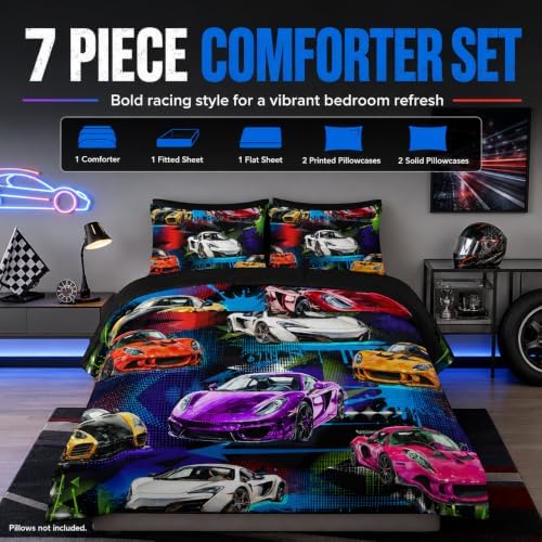 AILONEN 7-Piece Racing Car Comforter Sets Twin Size,Extreme Sports Bedding Set Bed in a Bag for Kids Boys Teens,Cool Speed Race Comforter & Fitted Sheet with Flat Sheet & 2 Pillowcases,2 Pillow Shams