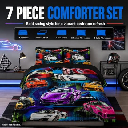 AILONEN 7-Piece Racing Car Comforter Sets Twin Size,Extreme Sports Bedding Set Bed in a Bag for Kids Boys Teens,Cool Speed Race Comforter & Fitted Sheet with Flat Sheet & 2 Pillowcases,2 Pillow Shams