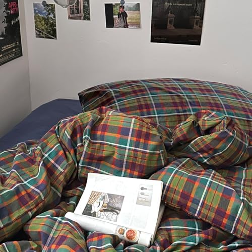mixinni Buffalo Plaid Duvet Cover Set Twin Size - 100% Washed Cotton 3-Piece Bedding Set for Teen Boys Girls, Multicolor Retro Grid Design, Soft Breathable Comforter Cover for Dorm Room-Twin Size