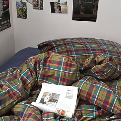 mixinni Buffalo Plaid Duvet Cover Set Twin Size - 100% Washed Cotton 3-Piece Bedding Set for Teen Boys Girls, Multicolor Retro Grid Design, Soft Breathable Comforter Cover for Dorm Room-Twin Size
