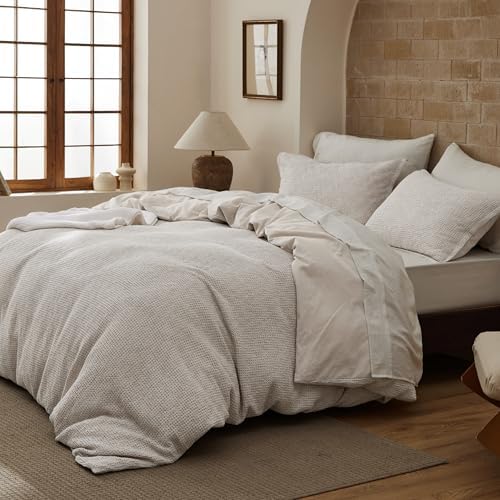 Bedsure PureWoven Space-Dyed Cotton Waffle Duvet Cover Set, King, Linen