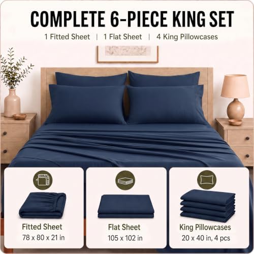 CozyLux King Size Sheets Set 6-Piece, 21-Inch Deep Pocket, Soft Feel