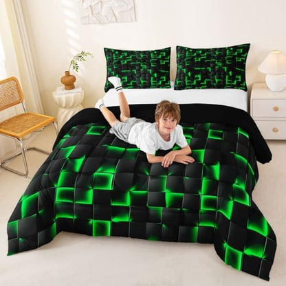 Erosebridal Neon Black Green Boys Comforter Set Twin Size Geometric Checkered Bedding Set for Kids Teen Men Gaming Room Decor,Abstract Ombre Plaid Comforter Grids Quilt Duvet