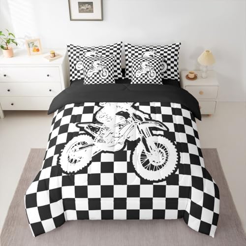 Feelyou Red Motocross Rider Comforter Set with Sheets 7 Piece Full Checkered Flag Bed in a Bag Boys Girls Off-Road Racing Bedding Set Sporty Rider Bedroom Decor Dirt Bike Breathable Soft Lightweight