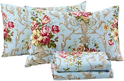 FADFAY Shabby Floral Bedding Elegant Peony Sheets Set Luxury Bedding Collections 800 Thread Count 100% Egyptian Cotton Deep Pocket, 4 Piece-Twin XL Size