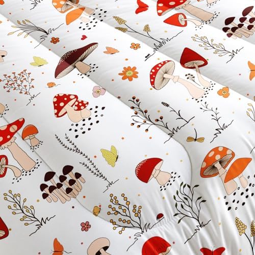 Nttopship Cartoon Mushroom Comforter Sets Full Size，Bedding Sets for Kids,Colorful Mushrooms and Butterflies Comforter Sets，Kids Room Decor with 1 Comforter with 2 Pillow Case