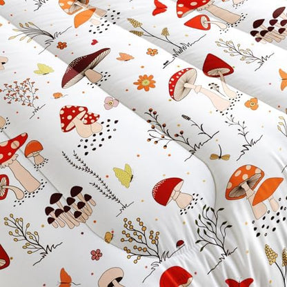 Nttopship Cartoon Mushroom Comforter Sets Full Size，Bedding Sets for Kids,Colorful Mushrooms and Butterflies Comforter Sets，Kids Room Decor with 1 Comforter with 2 Pillow Case