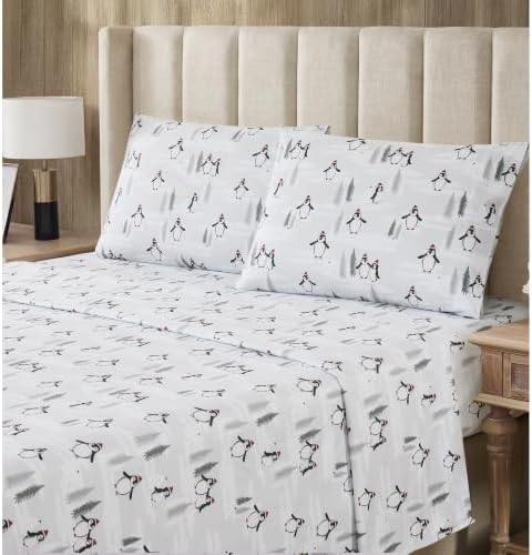 Sweet Home Collection Flannel Christmas Sheet Set, Penguins on Ice Full, Deep Pocket Soft Brushed Microfiber Holiday Bedding with Fitted Sheet, Flat Sheet & Pillowcase(s)