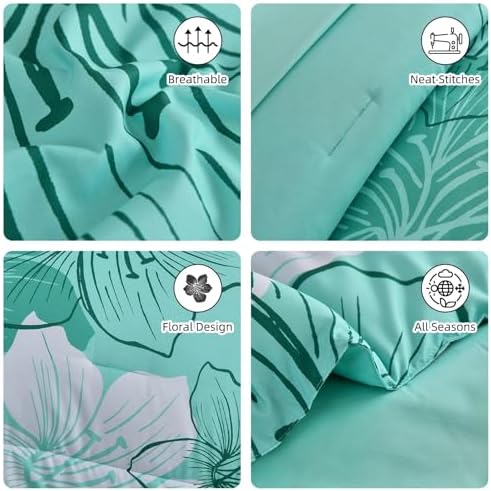 Luxudecor Aqua Comforter Set Full Size, 7 Pieces Floral Bed in a Bag