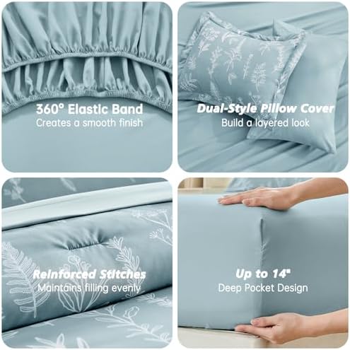 MUXHOMO Mineral Blue TwinXL Comforter Set, Elegant Floral Print Bed in a Bag 5 Pieces, Ultra Soft & Breathable Reversible Botanical Pattern Bedding Set with Comforter, Sheets, Pillowcase, and Sham
