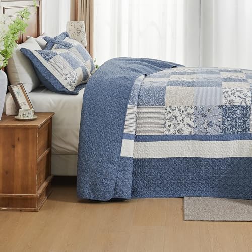 SahSahCasa 128"x120" 100% Cotton Oversized California King Bedspread Striped Quilt Set, Cal King Quilted Bedspread Extra Large Coverlet, XL Bed Spread Lightweight Comforter, Blue/White