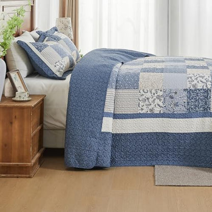 SahSahCasa 128"x120" 100% Cotton Oversized California King Bedspread Striped Quilt Set, Cal King Quilted Bedspread Extra Large Coverlet, XL Bed Spread Lightweight Comforter, Blue/White