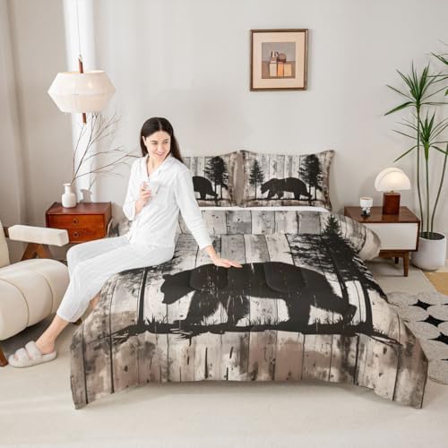 jejeloiu Bear Comforter Set All Season Rustic Cabin Country Bedding Set with 2 Pillow Cases Wild Animal Microfiber Kids King Bedclothes Bedroom Decor Duvet Quilt Breathable Soft Lightweight