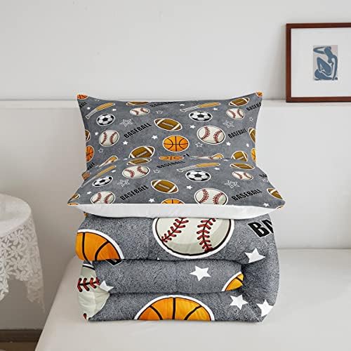 Ball Sports Themed Boys Comforter Set Queen Size Baseball Bat Soccer and American Football Bedding Set 3pcs Kids Teens Cartoon Grey Quilt Set Ball Sports Games Duvet Insert Modern Bedroom Decor