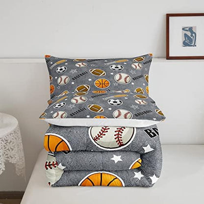Boys Ball Sports Themed Comforter Set King Size Baseball Bat Soccer and American Football Bedding Set 3pcs Kids Teens Cartoon Grey Quilted Duvet Ball Sports Games Bedspread Modern Bedroom Decor