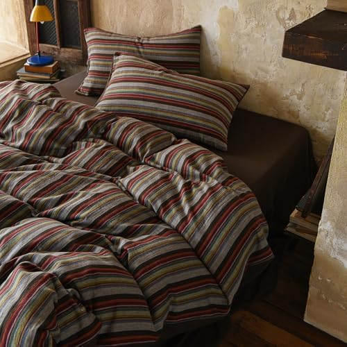 Vintage Striped Duvet Cover Set Twin, 100% Cotton Muslin Colorful Bohemian Stripes Printed Bedding Set, 3 Pieces Breathable Gauze Duvet Cover Farmhouse Retro Striped Comforter Cover for All Season