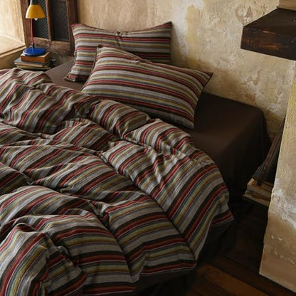 Vintage Striped Duvet Cover Set Twin, 100% Cotton Muslin Colorful Bohemian Stripes Printed Bedding Set, 3 Pieces Breathable Gauze Duvet Cover Farmhouse Retro Striped Comforter Cover for All Season