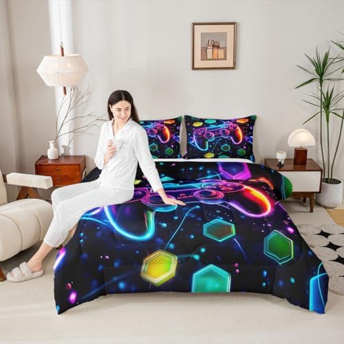 Castle Fairy Boys Gaming Reversible Comforter Set Queen Size,Video Games Gamepad Print Bedding Set Gamer Room Decor,Space Galaxy Glow Neon Hexagon Polyester Duvet Set with 2 Pillowcases (Purple Blue)
