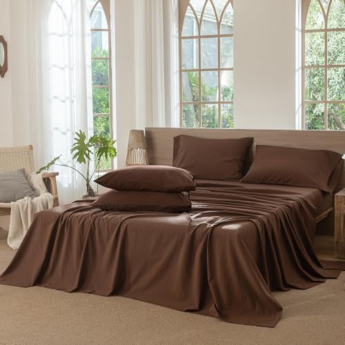 MooMee Sheet Set 100% Washed Cotton Linen-Like Extra Deep Pocket Queen