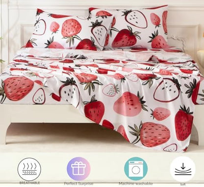 SDY 7PCS Strawberry Comforter and Sheet Set Queen Size, Cute Kawaii Pink Bedding Set for Girls, Kids Includes 1*Comforter,1* Flat Sheet, 1*Fitted Sheet,2*Pillowcases and 2*PillowcaseShams