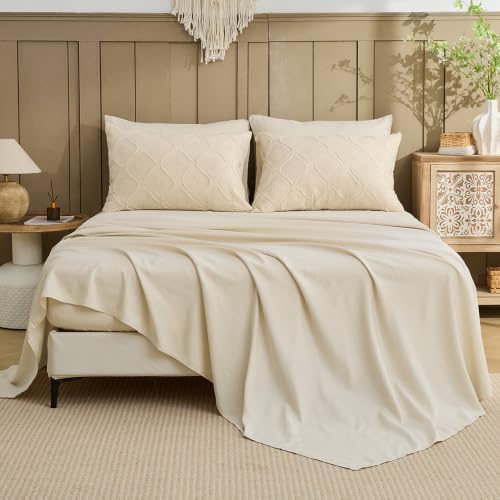 7 Pieces Beige Boho Queen Comforter Set with Sheets, Boho Bohemian Embroidery Jacquard Tufts Queen Bedding Set for All Season,Tufted Bedding Set with Sheets