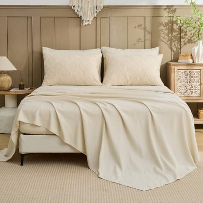 7 Pieces Beige Boho Queen Comforter Set with Sheets, Boho Bohemian Embroidery Jacquard Tufts Queen Bedding Set for All Season,Tufted Bedding Set with Sheets