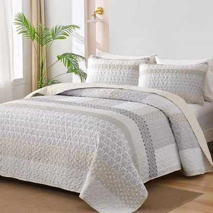 WONGS BEDDING Patchwork Quilt Set Full, Beige Bohemian Striped Bedspread