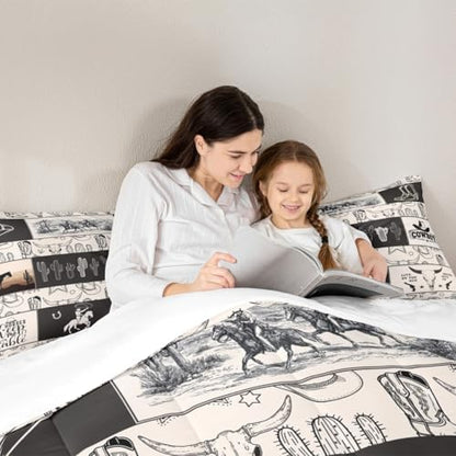 Western Cowboy Kids Comforter Set Queen Size,Cowboy Boots Horseshoe Farmhouse Bedding Set,Boys Girls Adults Room Decor,Cow Skull Cactus Rustic Down Comforter,Beige Retro Duvet Insert,2 Pillowcases