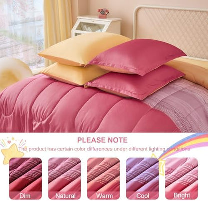 Dinjoy Girls Comforter Set Twin Size 5 Pieces Bed in A Bag Colorful Ombre Pink Yellow Rainbow Bedding Set for Kids Teen (1 Comforter, 1 Flat Sheet, 1 Fitted Sheet, 1 Pillow sham, 1 Pillowcases)