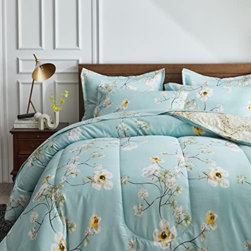 Joyreap 7 Piece Bed in a Bag King, Aqua Floral Elegant Design, Smooth Soft Microfiber Comforter Set (1 Comforter, 2 Pillow Shams, 1 Flat Sheet, 1 Fitted Sheet, 2 Pillowcases)