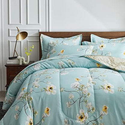 Joyreap 7 Piece Bed in a Bag King, Aqua Floral Elegant Design, Smooth Soft Microfiber Comforter Set (1 Comforter, 2 Pillow Shams, 1 Flat Sheet, 1 Fitted Sheet, 2 Pillowcases)